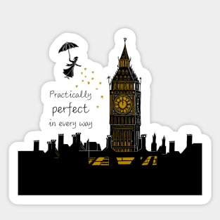 Mary Poppins Practically Perfect in Every Way Linocut on Yellow Sticker